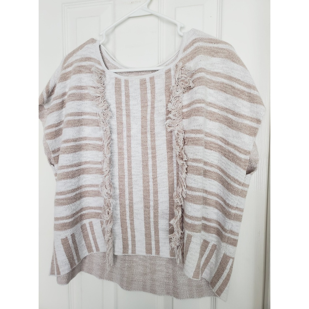 Lou & Grey for LOFT Striped Fringe Poncho Top‎ Tan White Casual Coastal Boho M
